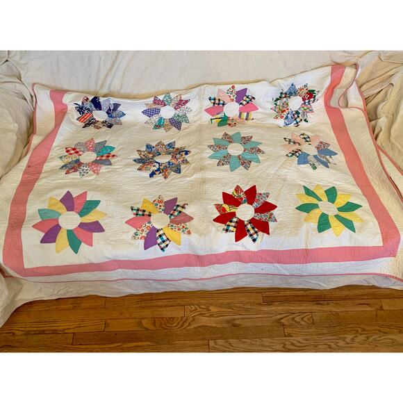 EXCEPTIONAL ANTIQUE 1930s/40s LARGE STAR PINWHEEL QUILT - Picture 3 of 9